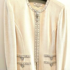 ST JOHN EVENING COLLECTION 2 piece embellished, cream jacket with skirt. Size 2